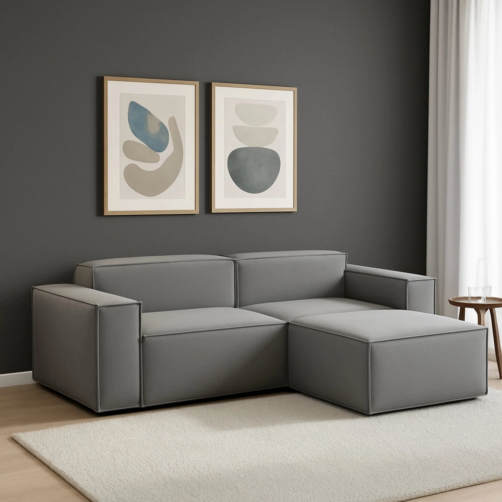 Divano fisso Amuleto, Divano componibile a 2 posti con penisola destra, Made in Italy, SofÒ  moderno in tessuto, Cm 220x170h70, Grigio