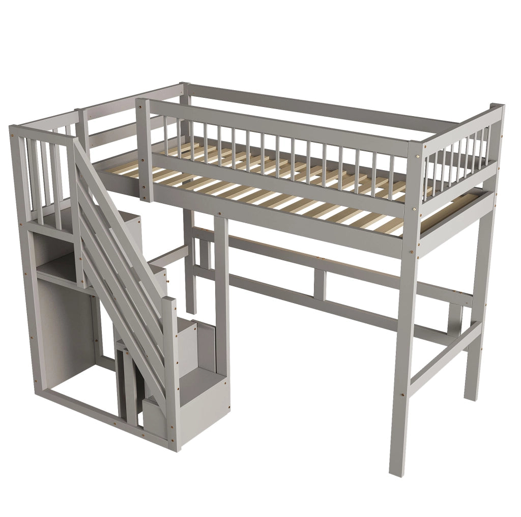 Letto singolo per bambini 90x200 cm in legno con scala contenitore; grigio