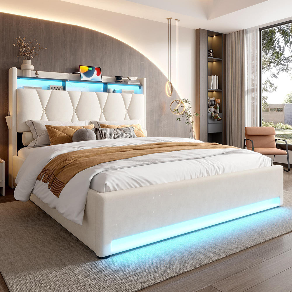 Letto 140x200cm imbottito - Xylo - beige USB-C idraulico LED