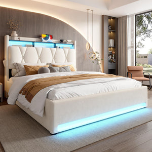 Letto 140x200cm imbottito - Xylo - beige USB-C idraulico LED
