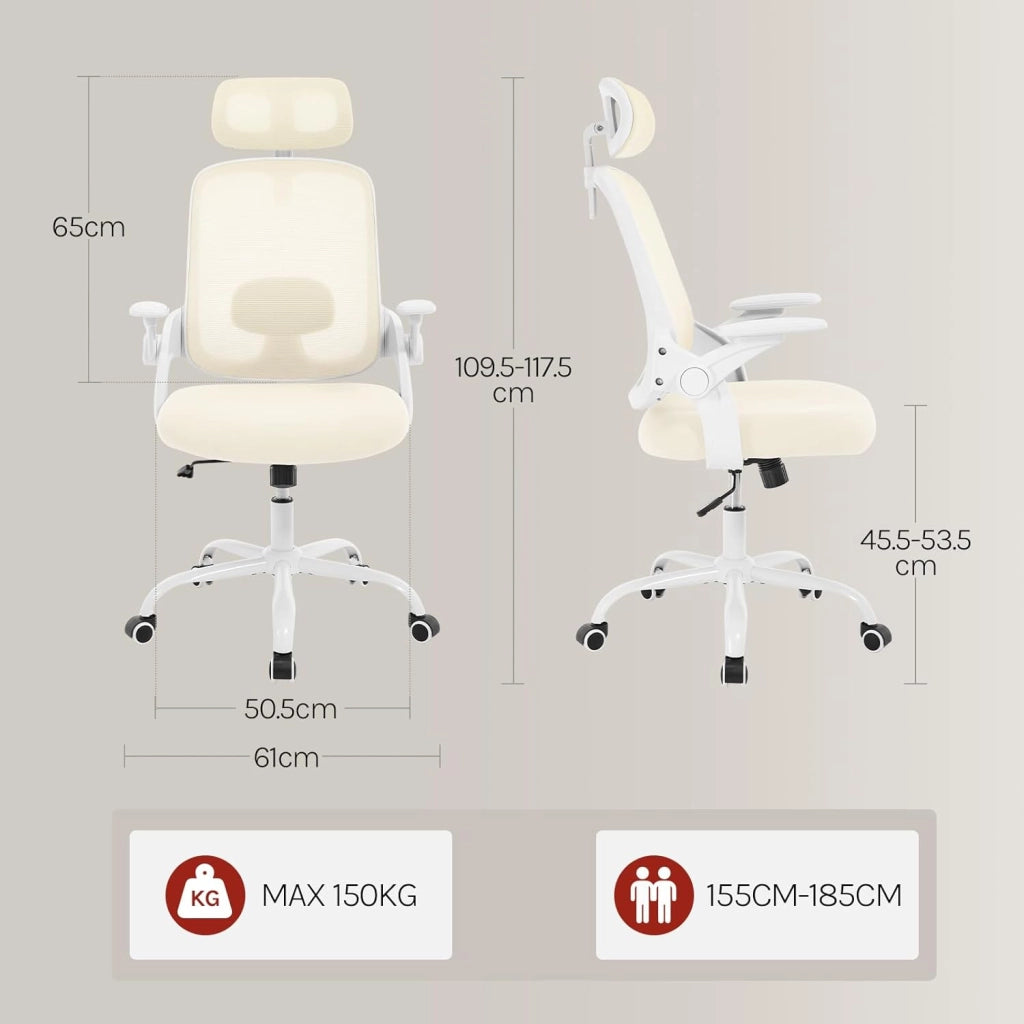 Sedia Ufficio Ergonomica con Poggiatesta e Braccioli Regolabili, Supporto Lombare, Poltrona Scrivania Girevole in Rete Traspirante Funzione Dondolo, Beige