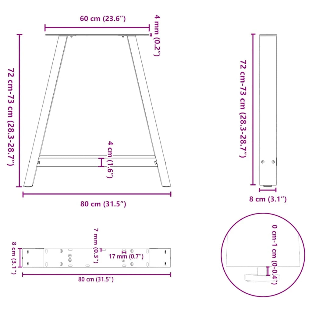 Set di 2 gambe per tavolo da pranzo a forma di A 80 x 72-73 cm con piedini regolabili design moderno acciaio antracite 02_0057134