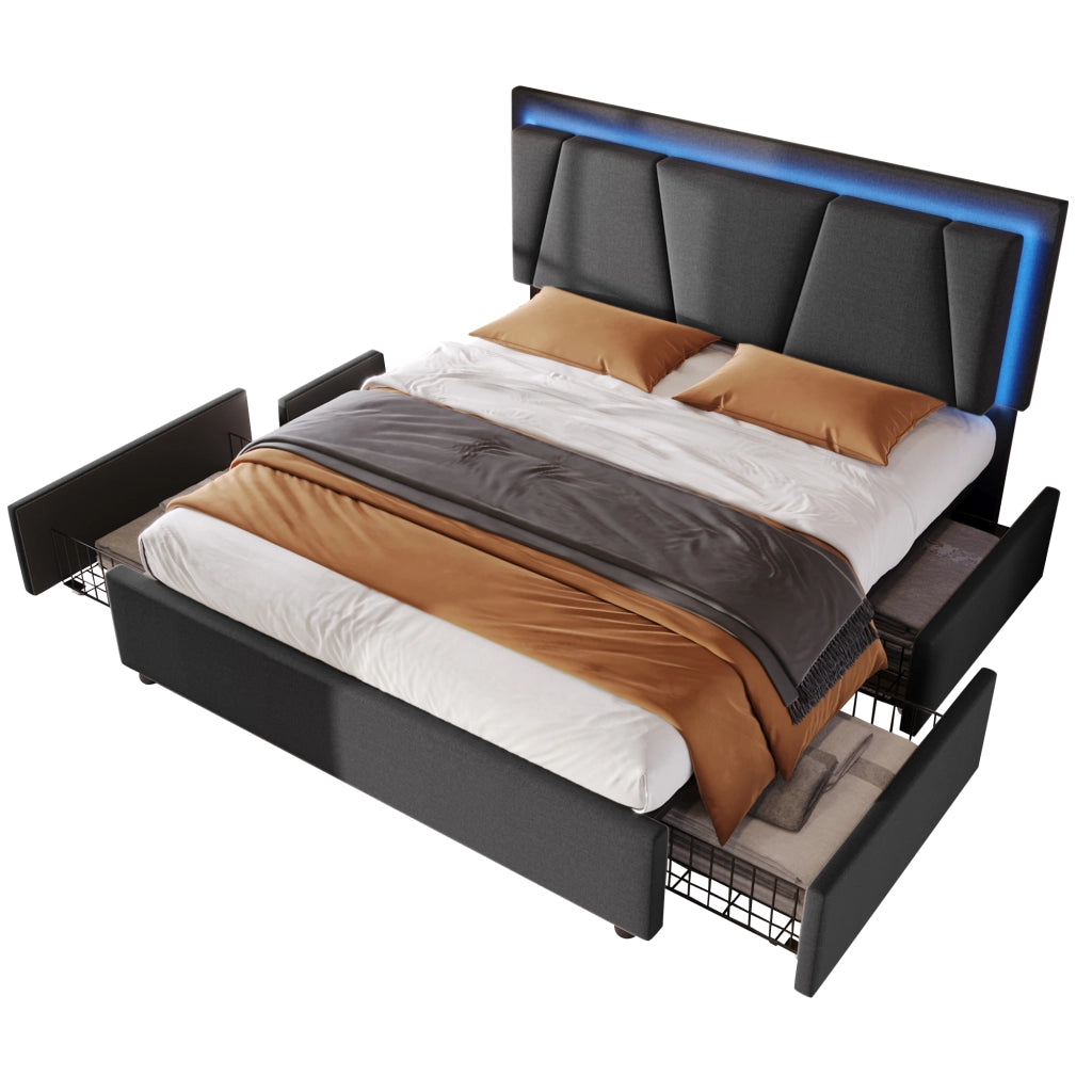 Letto matrimoniale 160x200 cm con LED, 4 cassetti, testiera regolabile e materasso incluso