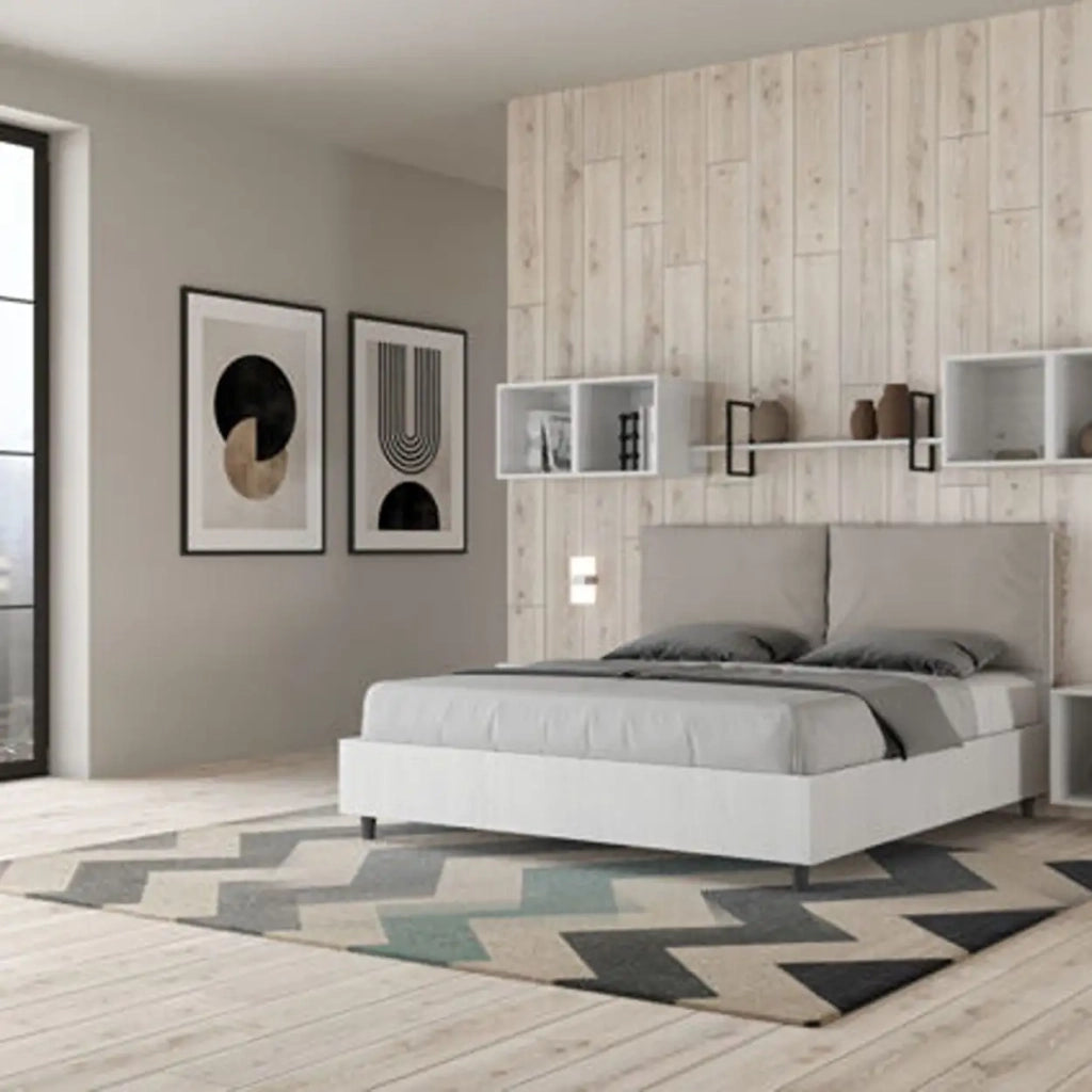 Letto matrimoniale con rete 160x200 bianco frassino cuscini similpelle tortora Egos Antea