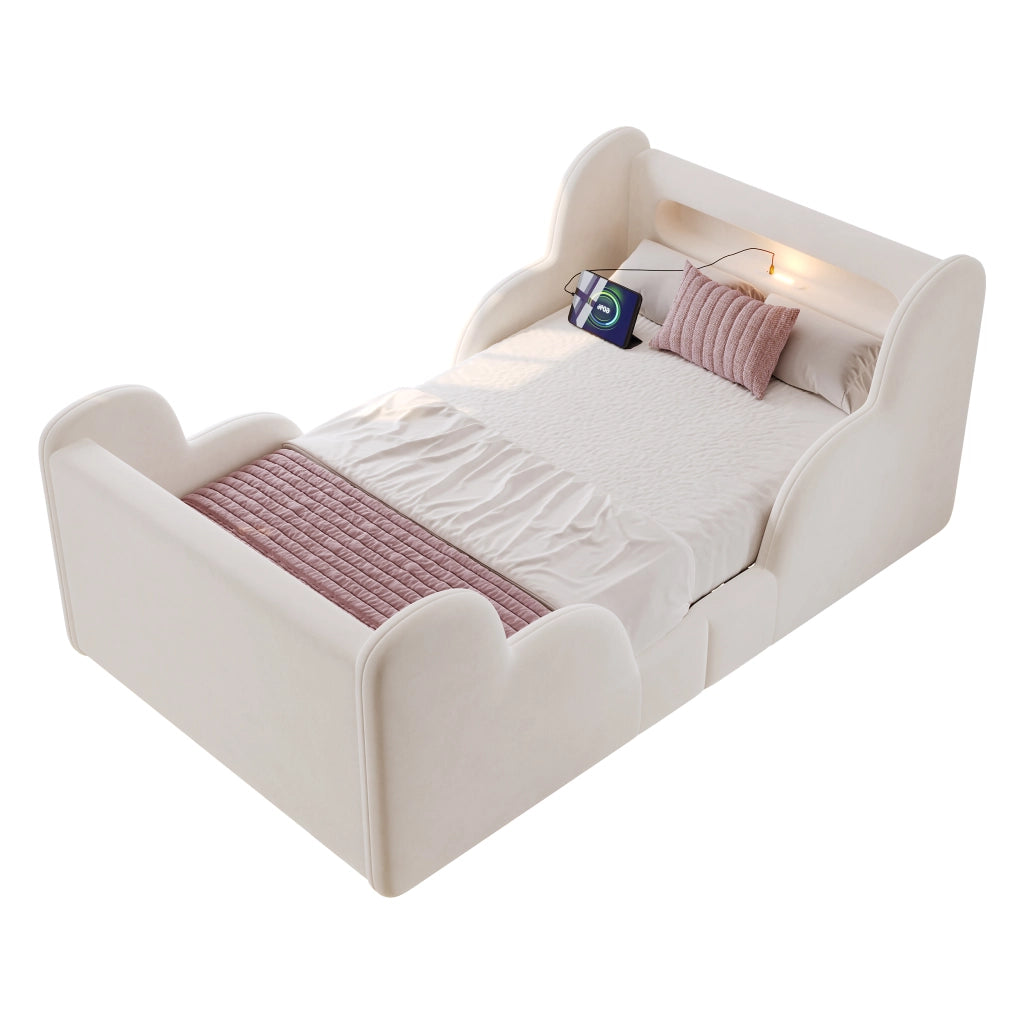 Letto singolo 90x200 cm in velluto beige con spondine imbottite, luci e porte USB, rete inclusa