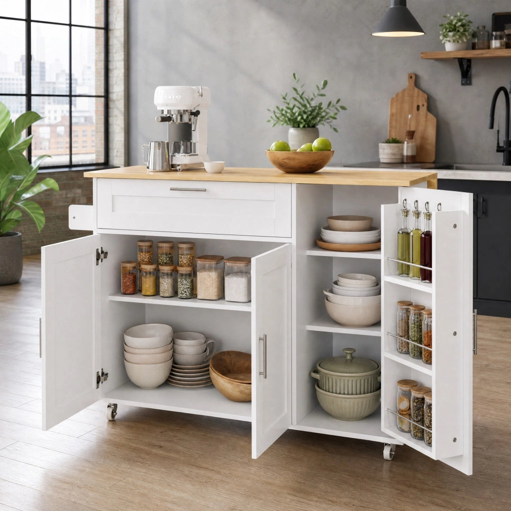 CARRELLO CUCINA pieghevole 132,5x44(70)x90 cm MDF Bianco/Naturale