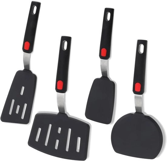 Set di Spatole di Silicone in Gomma BPA Libera da 4 pezzi Nero - Spatola di Silicone Grande per Cucina - Resistente al Calore e al Lavastoviglie - Set di Cucina per Frittelle - Hamburger - Gerei per Cucina - Utensili da Cucina - Gerei da Cucina