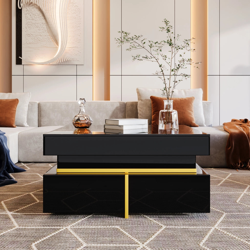 Tavolino da caffè 70x70x35.5 cm; finitura lucida con due cassetti; truciolato nero
