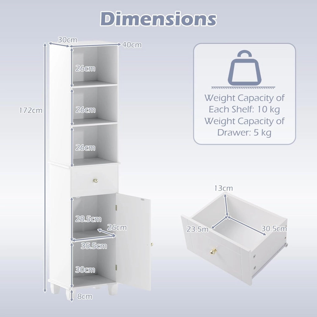 Mobile alto 172 cm, armadio da bagno sottile con 3 ripiani aperti, 1 cassetto, 1 anta e ripiano regolabile, 40 x 30 cm, mobile da bagno indipendente per cucina e soggiorno