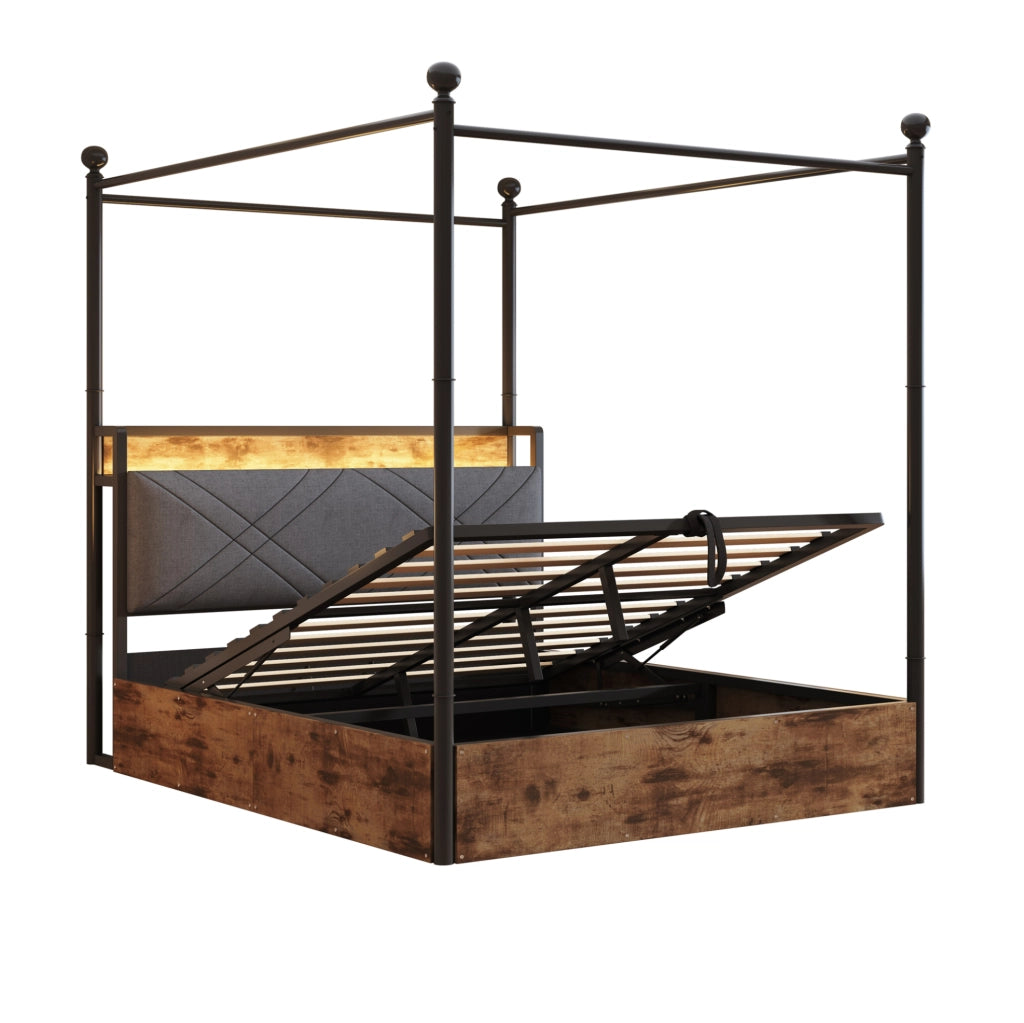 Letto 140x190 con LED, USB-C e vano contenitore idraulico