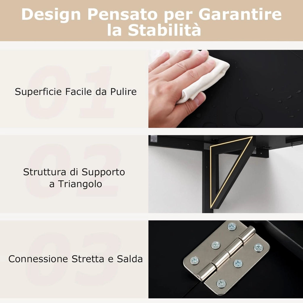 Tavolo Pieghevole a Muro, Tavolino Porta PC da Parete in Legno, Tavolo a Scomparsa Multifunzionale, Ideale per Soggiorno, Cucina e Studio, 80 x 60 x 45 cm (Nero)