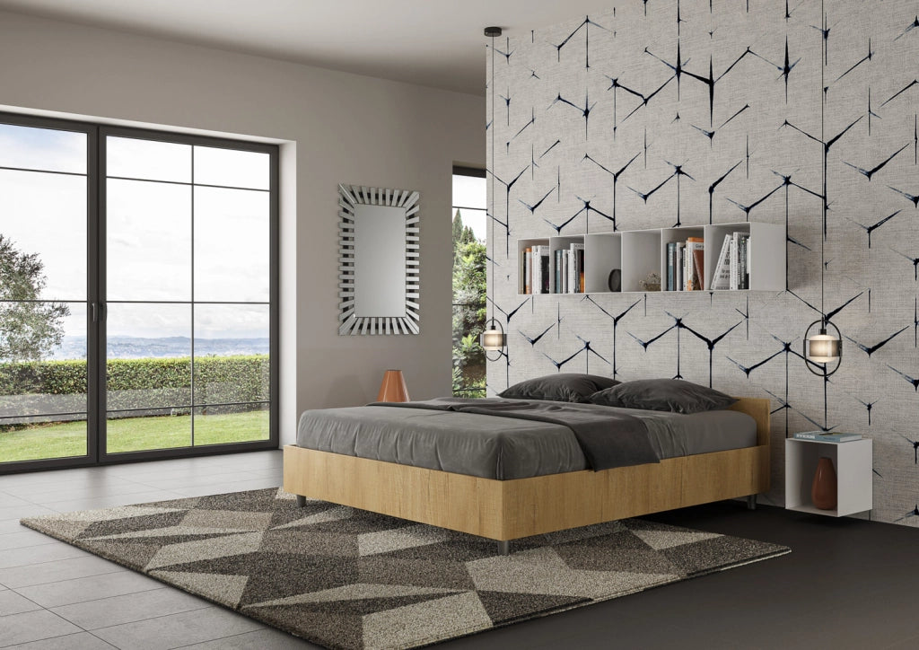 Letto Matrimoniale 160x190 cm con Rete e Contenitore Alzata Comoda Testata Bassa Nuamo Quercia