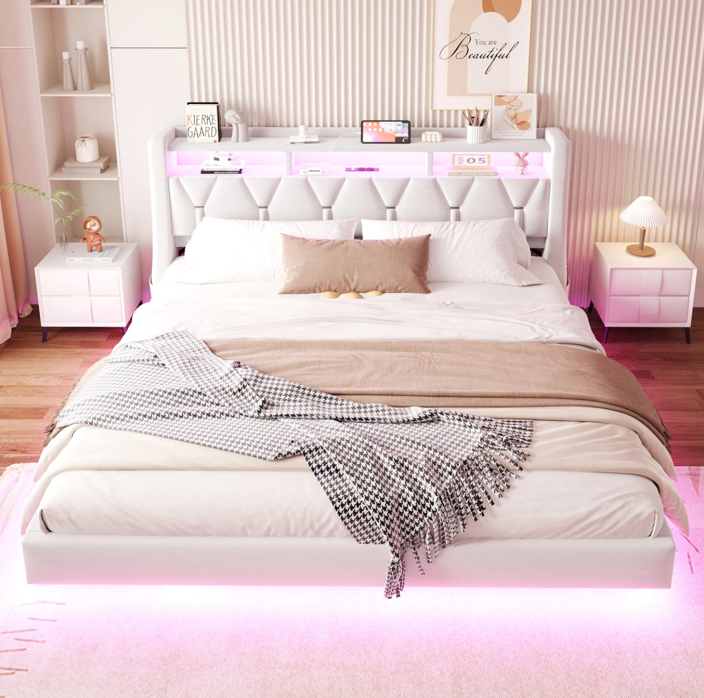Letto matrimoniale imbottito 180x200 cm in velluto beige con testiera multifunzione e LED