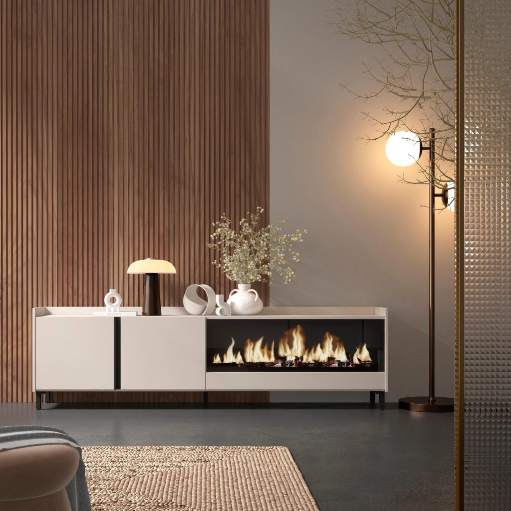 Mobile TV Soggiorno, 212x61x35 cm, Per TV fino a 80", Camino elettrico XXL, Design industriale, Beige