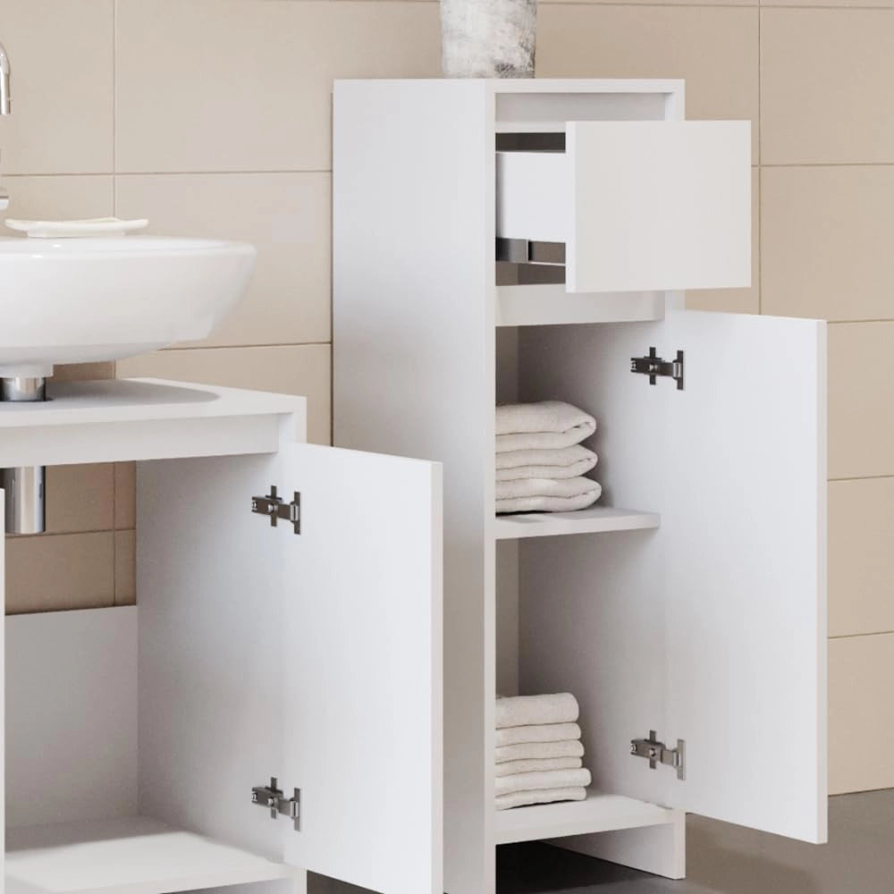 Mobiletto bagno Emma, Bianco, 30 x 95 cm, combinabile con la serie Emma per l'organizzazione in bagno
