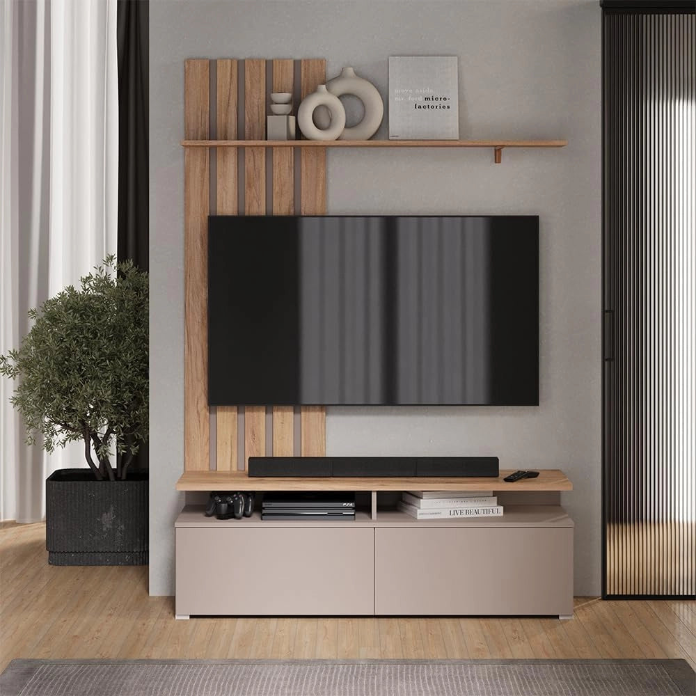 Parete attrezzata Harro, Rovere Goldkraft/Grigio, con vano TV pratico e ripiani aperti