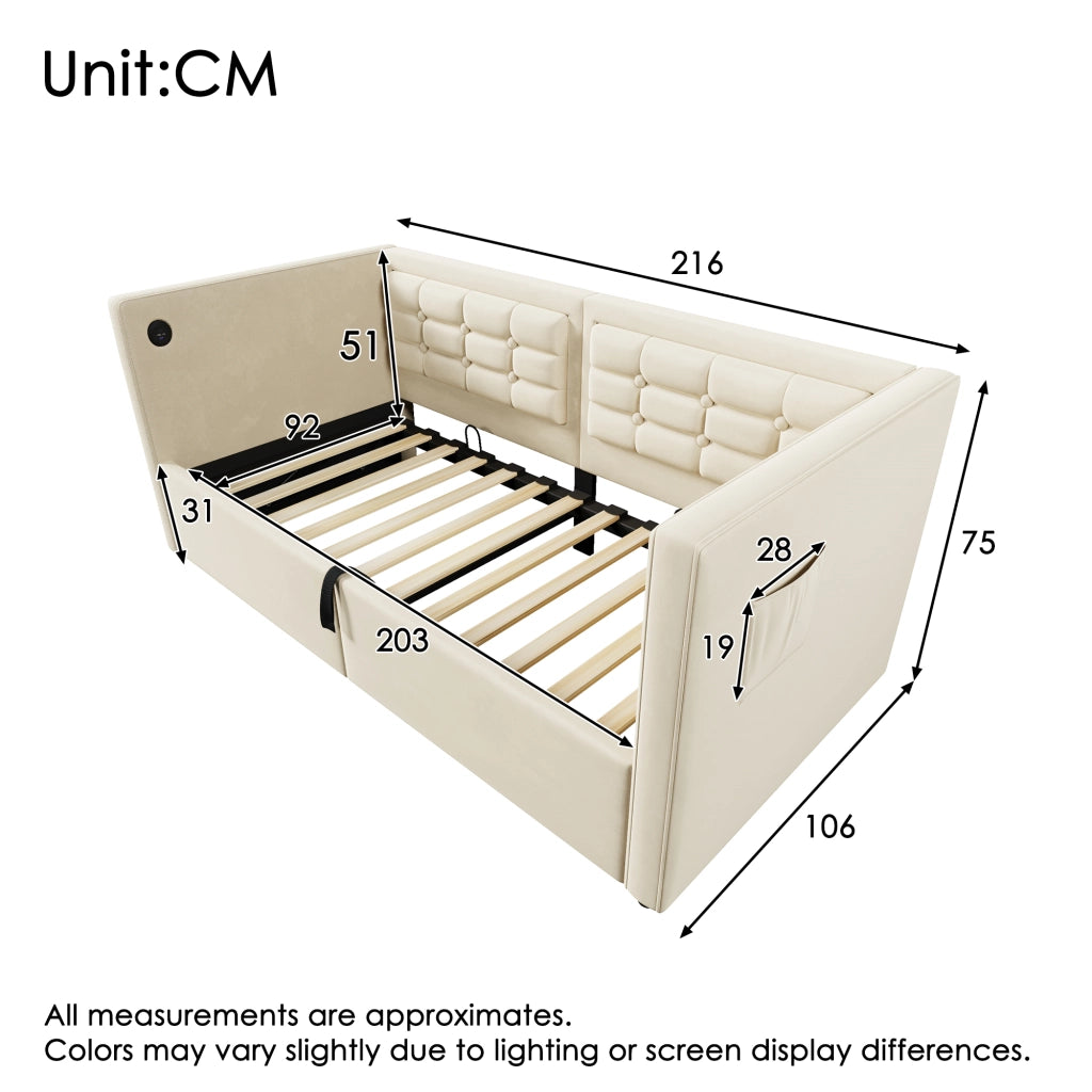 Divano letto imbottito 90x200 cm in velluto beige con contenitore idraulico e porta USB/Type-C