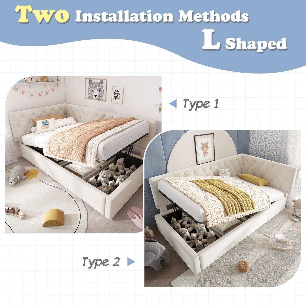 LETTO Divano 90x200 cm con contenitore idraulico in velluto beige