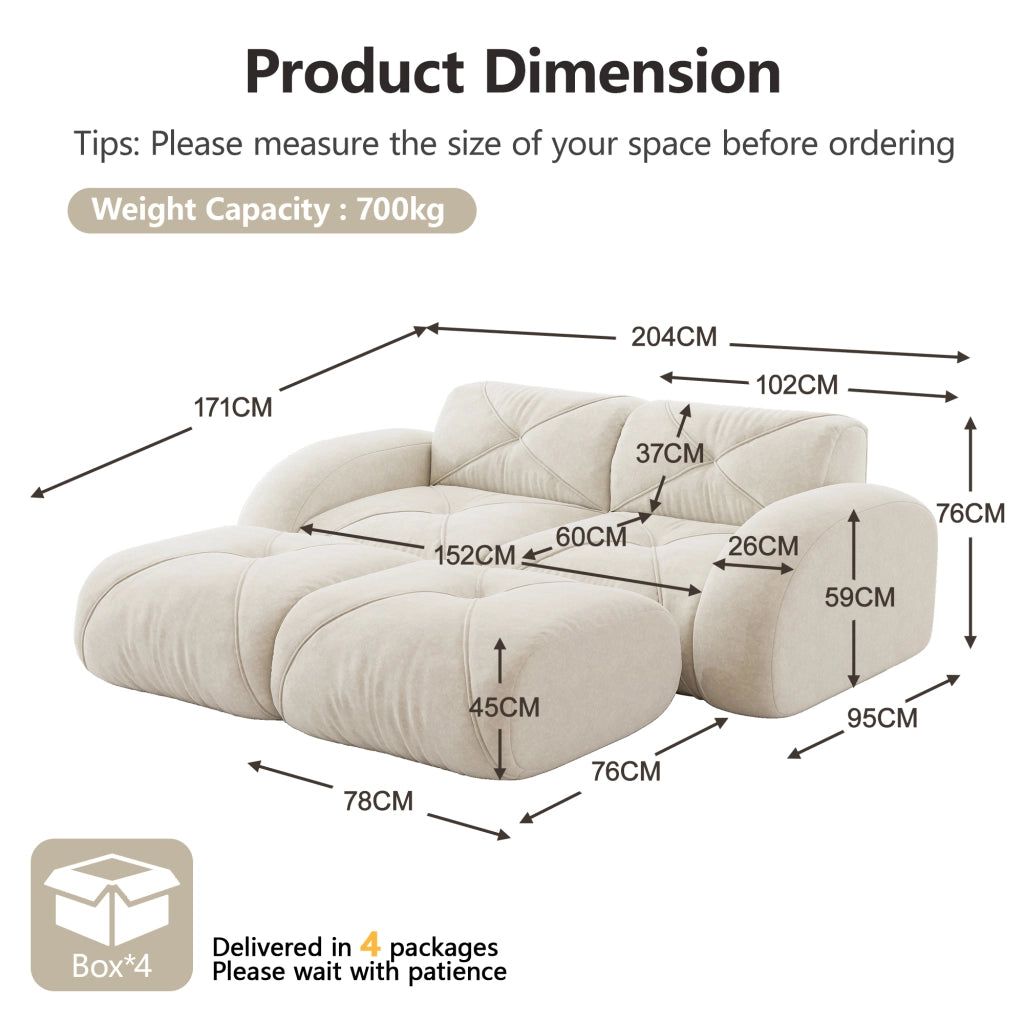 Divano modulare 2 posti senza struttura con due pouf in ciniglia beige chiaro per soggiorno e relax quotidiano