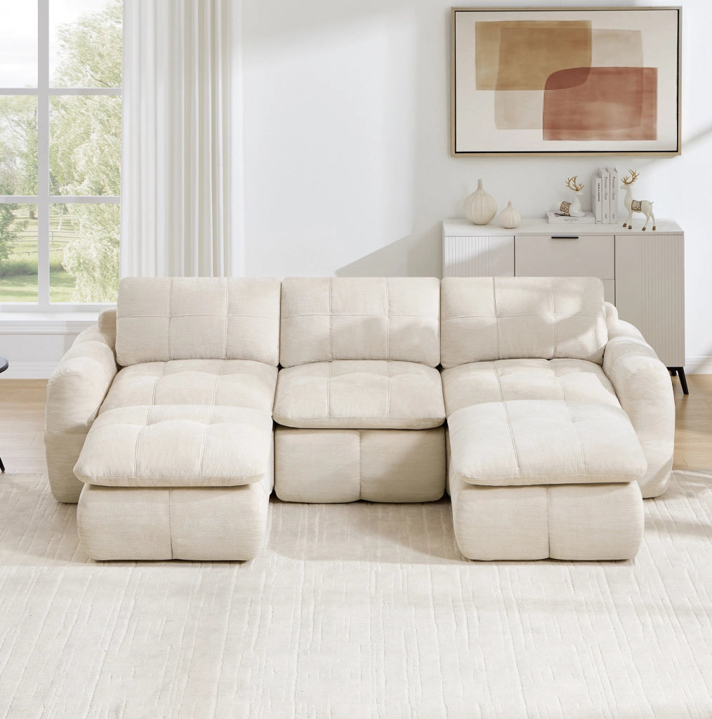 Divano modulare a U 264x160x68 cm in chenille beige con 2 pouf; senza montaggio