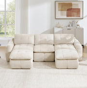 Divano modulare a U 264x160x68 cm in chenille beige con 2 pouf; senza montaggio
