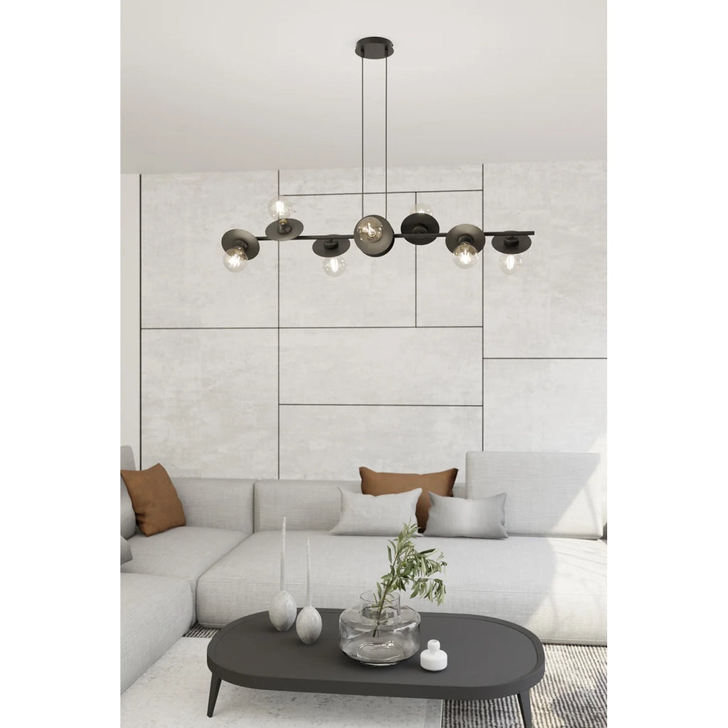 Lampadario 8 Luci Eos In Acciaio Nero Con Barra E Diffusori A Piatti