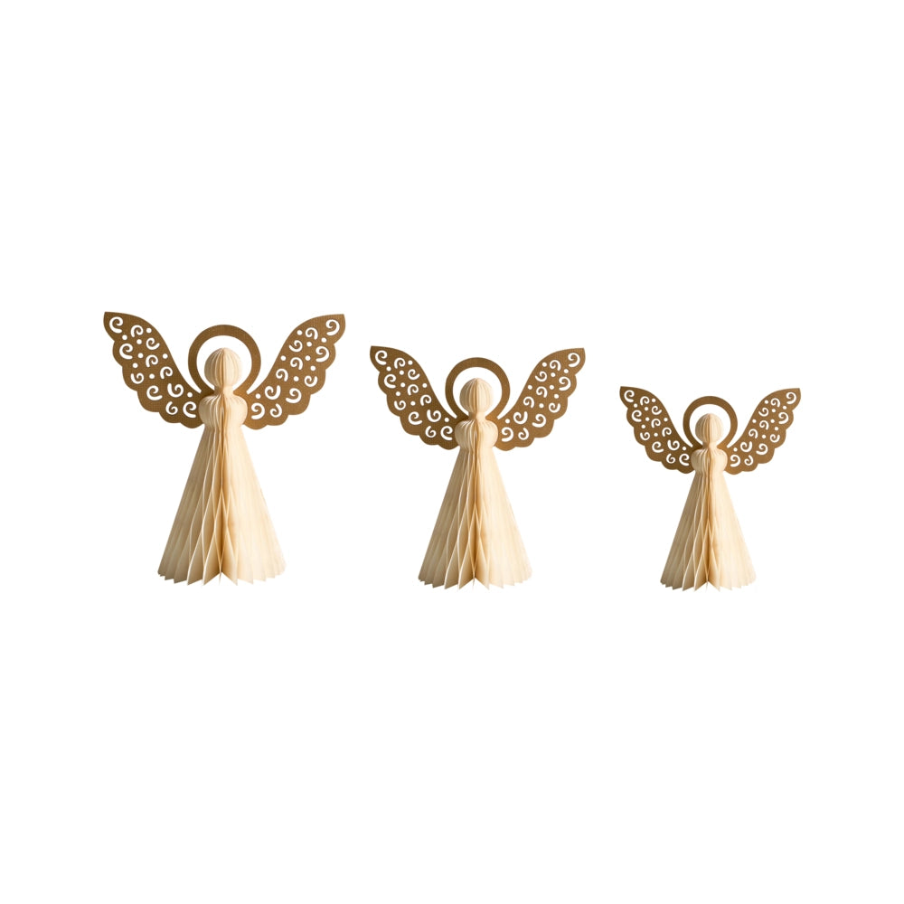 Set di 3 statuine di angeli in carta beige a nido d'ape con effetto 3D in stile origami e motivi festivi