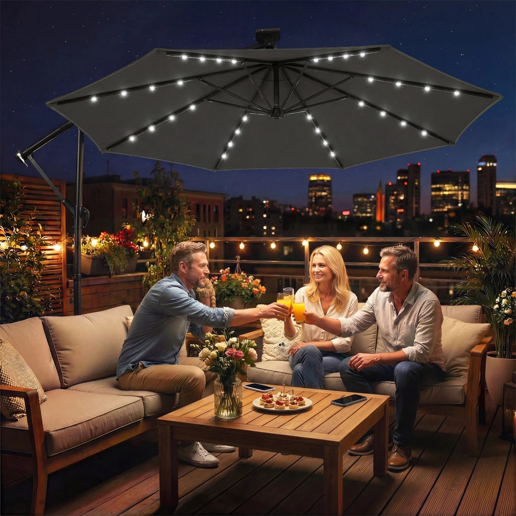 Parasole a sbalzo LED Solare; circa ?300 cm; parasole rotabile con copertura protettiva per piedi Grigio Scuro