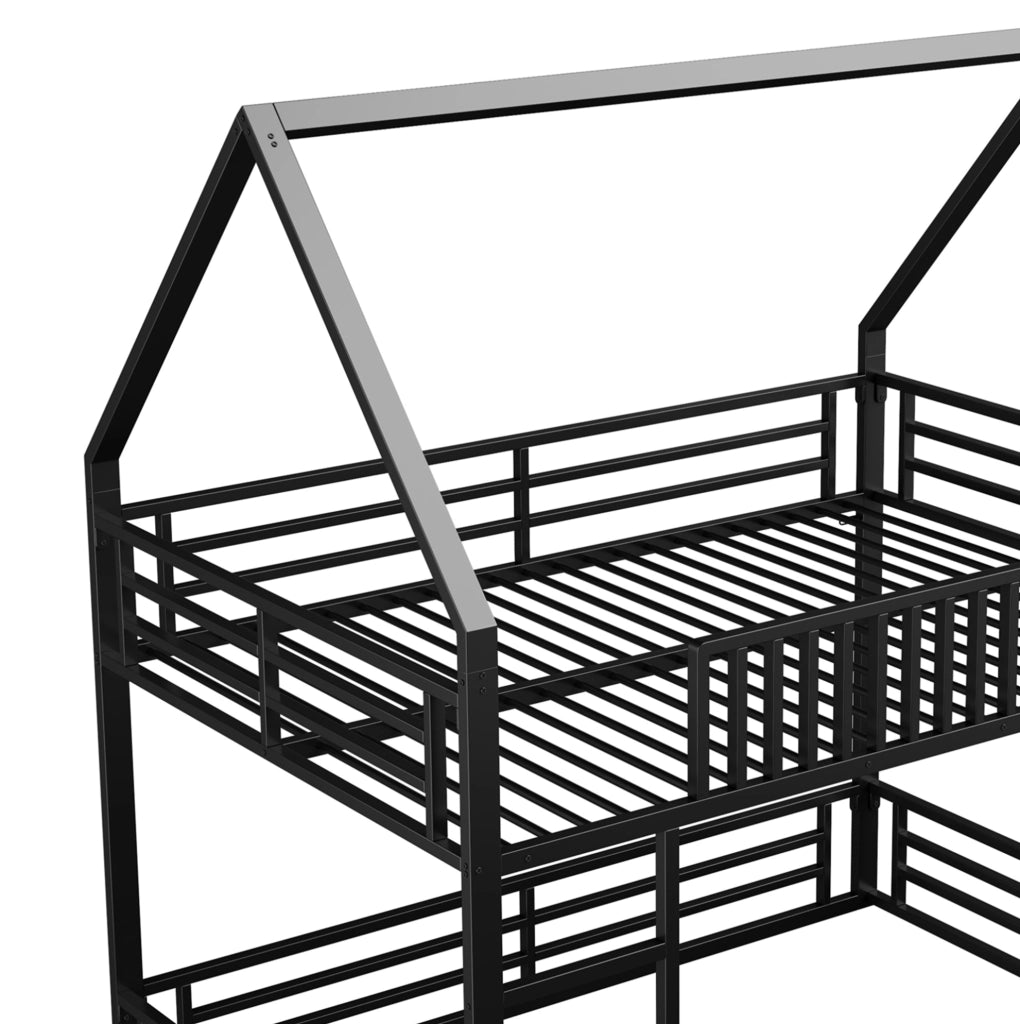 Letto a castello a forma di casa 140x200 cm in metallo nero con luce LED