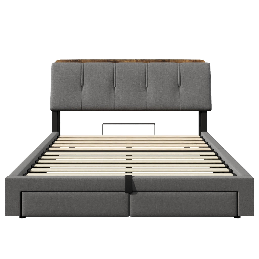 Letti contenitori 140x200 cm; scomparti e LED; lino grigio (Senza materasso)