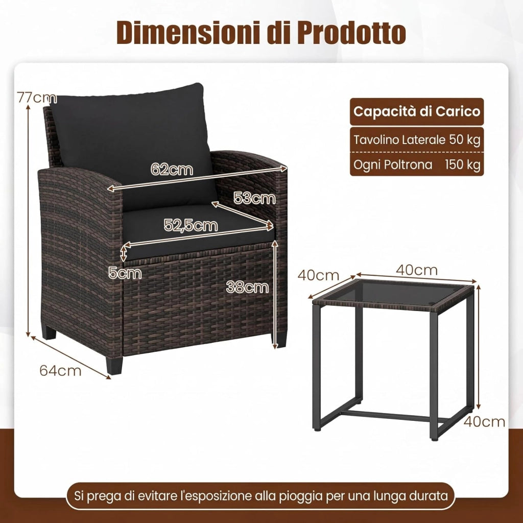 Set Mobili da Giardino 3 Pezzi, Salotto da Esterno in Rattan PE con 2 Poltrone e 1 Tavolino in Vetro Temperato, Set da Conversazione con Cuscini Sfoderabili per Patio (Nero, Modello 5)