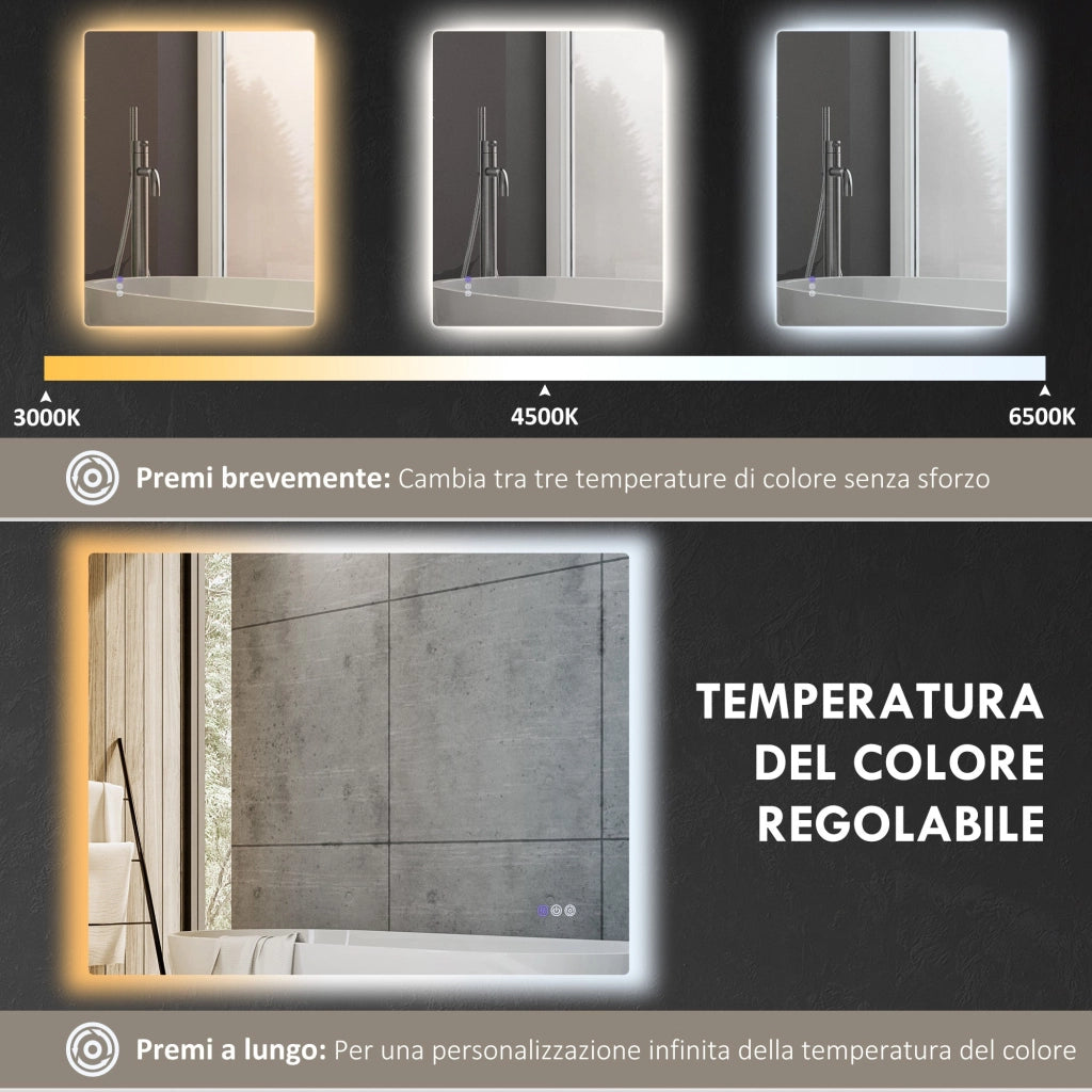 Specchio da Bagno Antiappannamento Retroilluminato LED Luminosità Regolabile 80x60x4 cm
