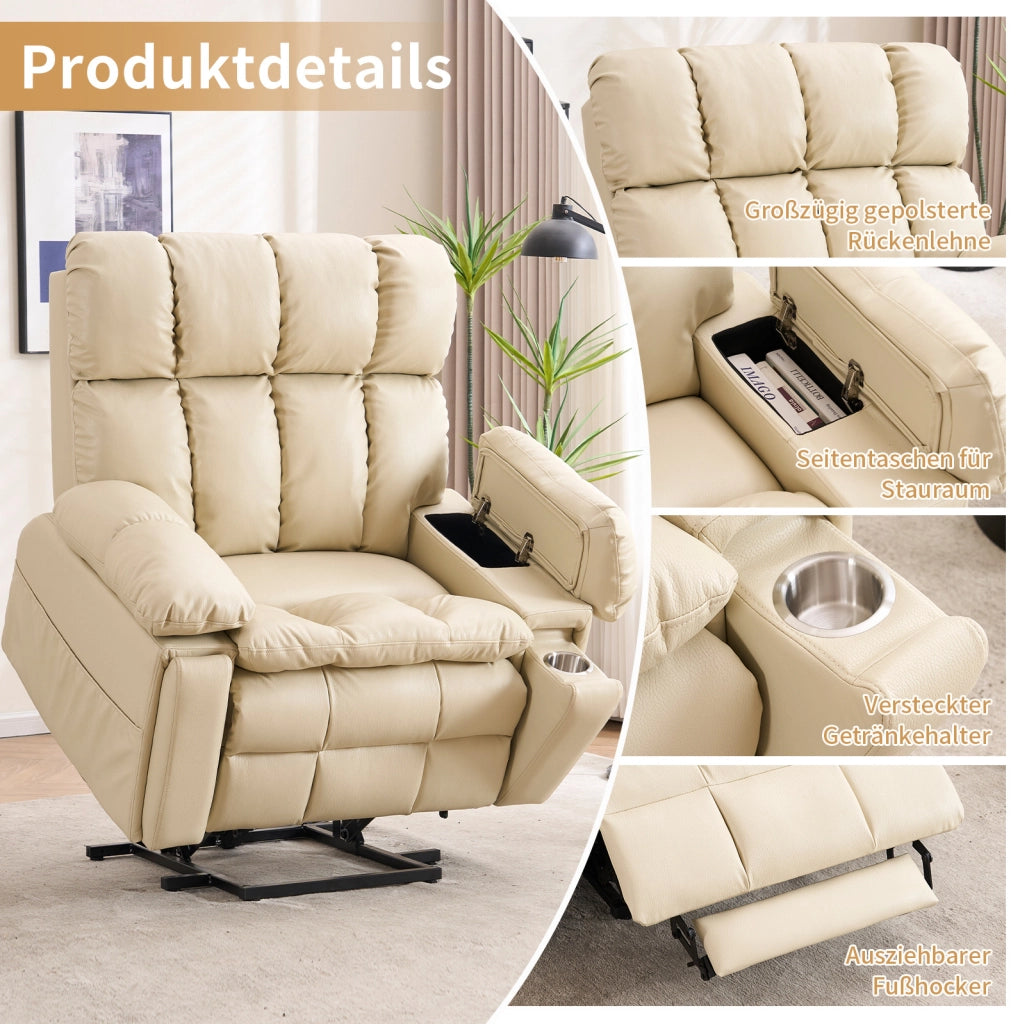 Poltrona relax elettrica con alzapersona; doppio motore; massaggio e riscaldamento; beige
