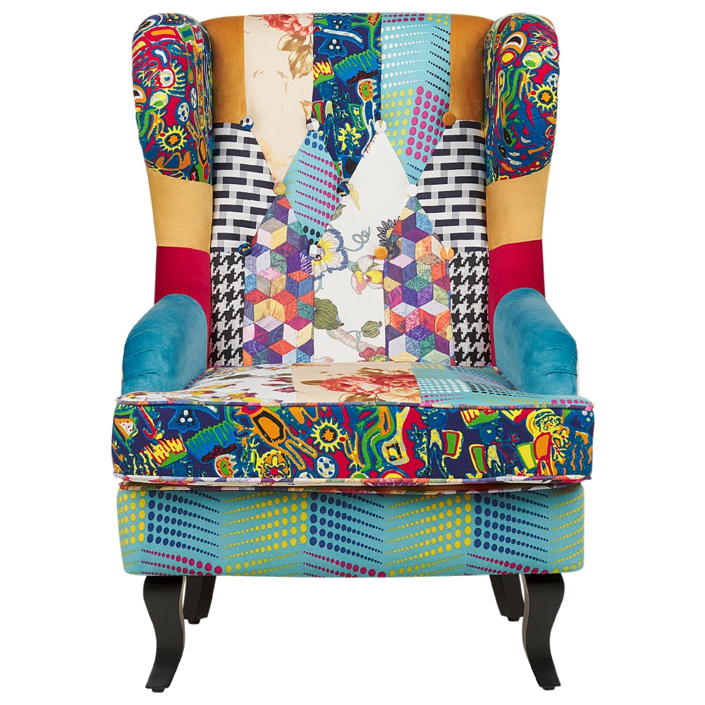 Poltrona Wingback Poltrona Patchwork Tessuto Multicolore base blu Gambe in Legno capitonné