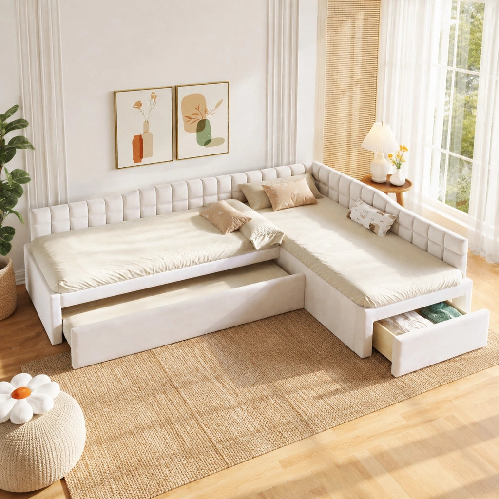 Letto imbottito a L 90x200 beige con letto estraibile