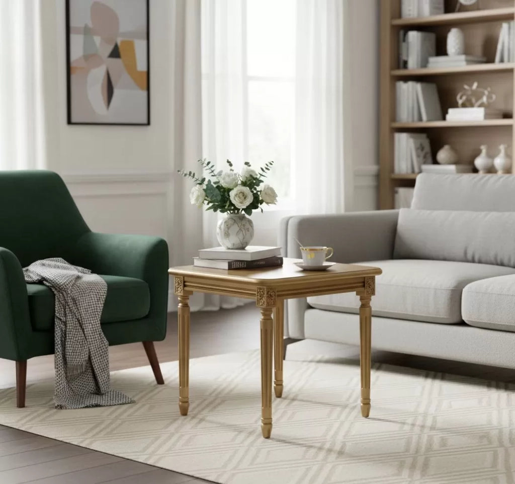 Tavolino laccato oro da salotto in legno con fregi 55x55x46 - Mobili 2G