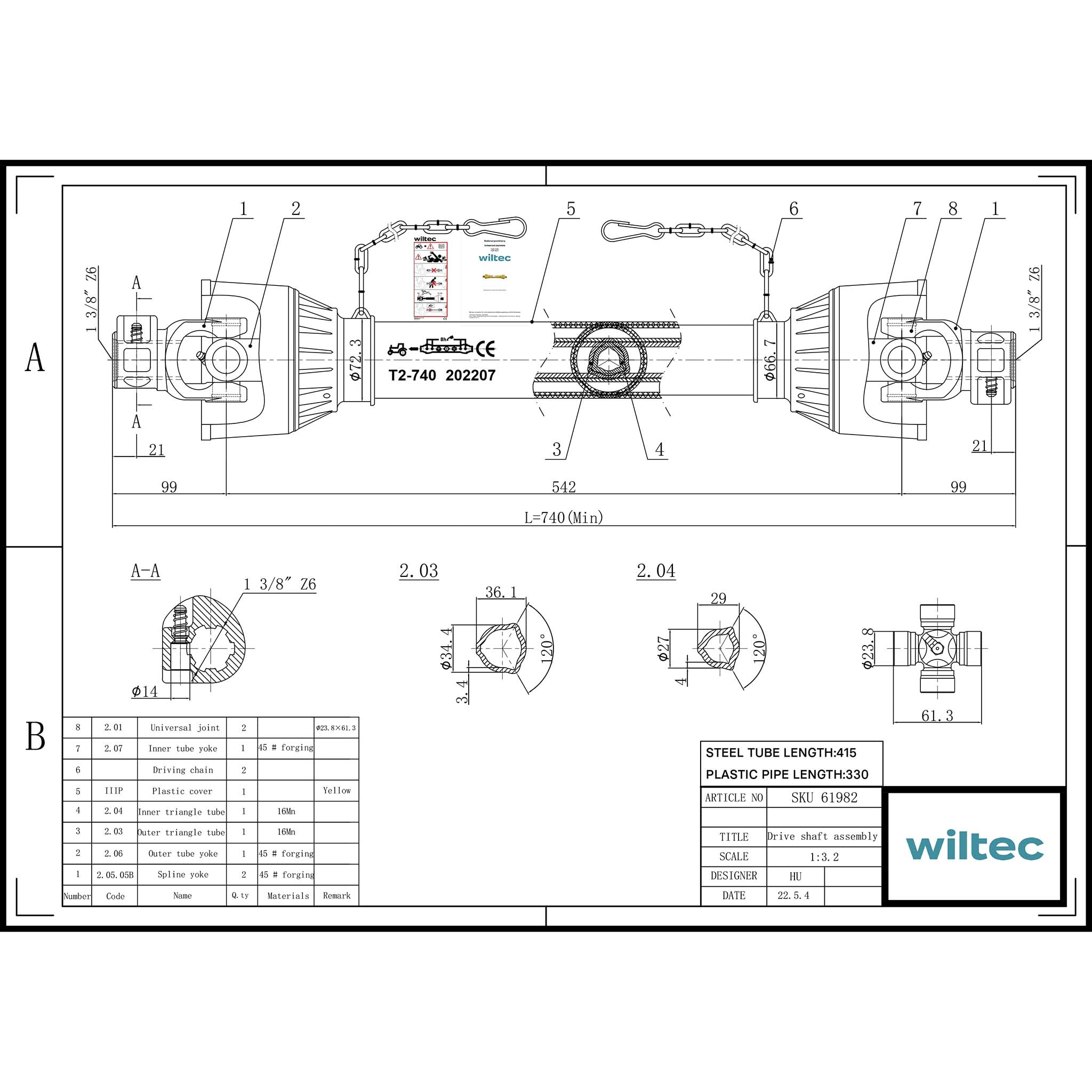 Albero cardanico T2 giunto 740mm 270Nm 540rpm, 23kW (31CV), 2x 1 3/8" 6 denti Cardano agricolo