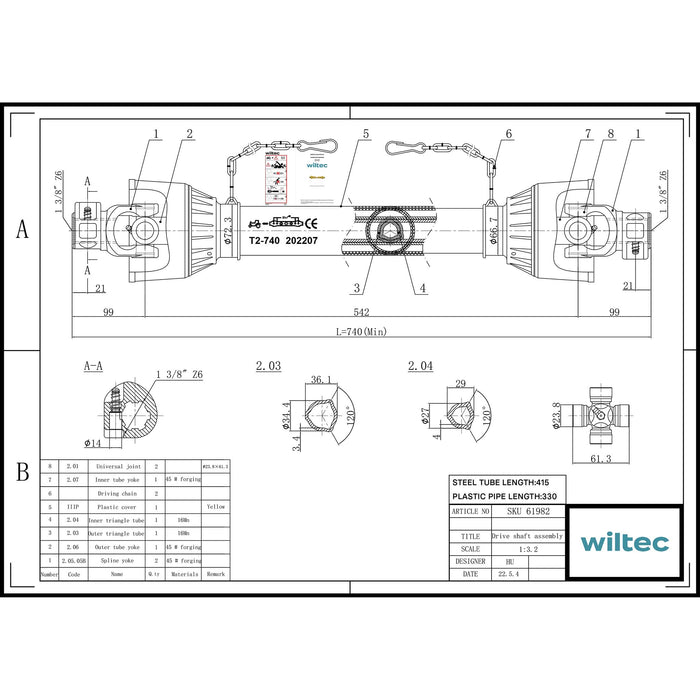 Albero cardanico T2 giunto 740mm 270Nm 540rpm, 23kW (31CV), 2x 1 3/8" 6 denti Cardano agricolo