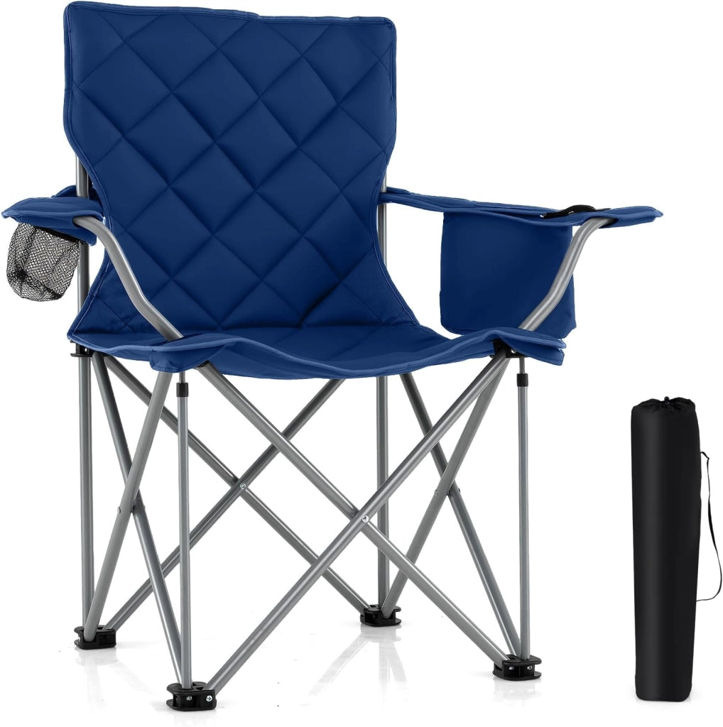 Sedia da Campeggio Pieghevole, Poltrona Esterni con Tasca Frigorifero e Portabicchieri, Sedia da Picnic con Borsa da Trasporto, Portata 227 kg, per Campeggio Pesca Picnic (Blu)