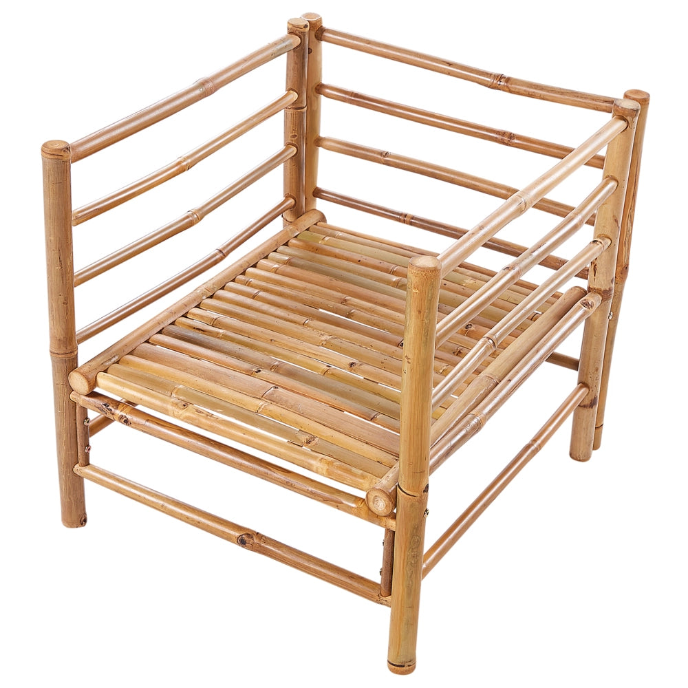Set da giardino 6 posti composto da divano, poltrona e tavolino in bambù naturale con cuscini bianco sporco esterno elegante
