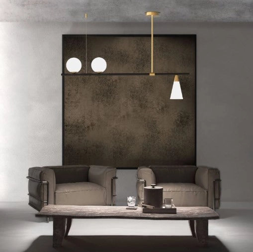MIKADO-SL Sospensione 3 luci struttura ottone spazzolato e vetro opale lampadine incluse E14 G9