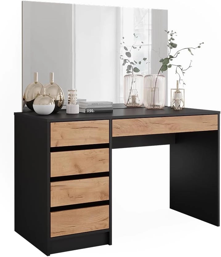 Tavolo da toilette Sherry, Antracite/quercia dorata, 120 x 75 cm con specchio, con specchio rettangolare per uso quotidiano