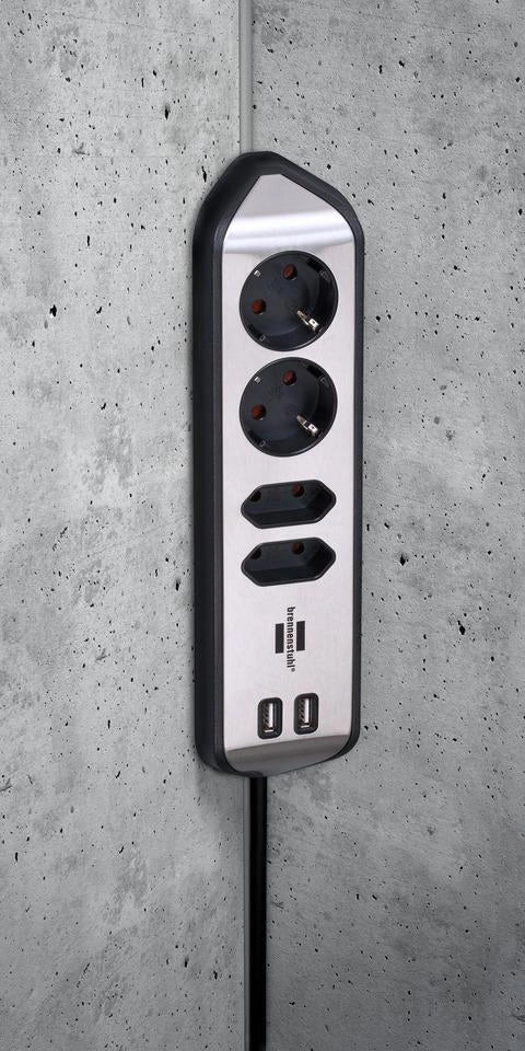 Brennenstuhl 1153590410 Estilo Presa Angolare 4 Prese AC 2 USB 2 m Cavo colore Nero Argento