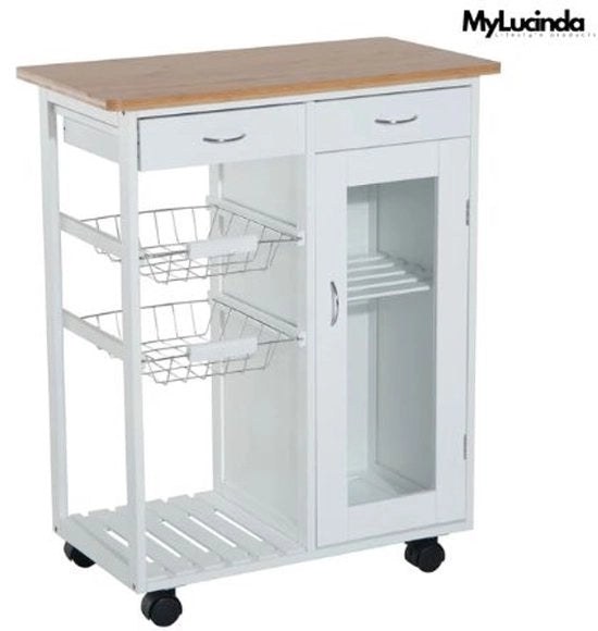 Trolley da Cucina Moderno – Carrello da Servire su Ruote – 2 Cassetti e Raccordi per Asciugamani – 70x37x85 cm – Bianco