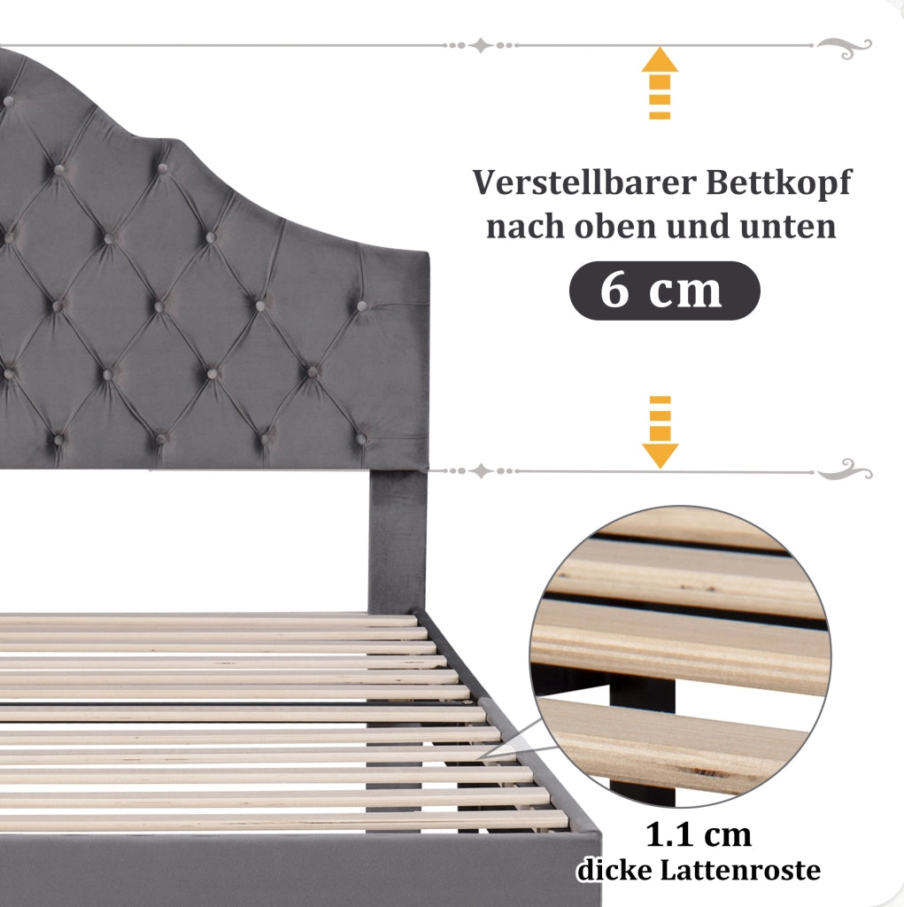 Letto imbottito 90x200 cm in velluto grigio con rete a doghe e testiera