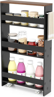 Carrello Portaoggetti da Cucina, Scaffale con Maniglia Laterale e Ruote, Carrello Salvaspazio con 3 Scaffali Stretti, 47,5x13x80,5 cm (Marrone+Nero)