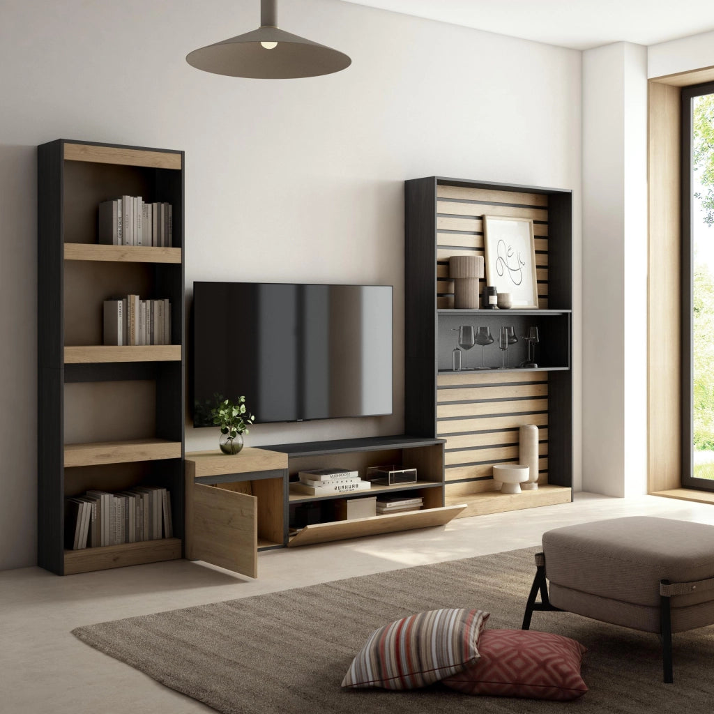 Mobile TV, Soggiorno, 320x35x186cm, Set di mobili, colore Rovere e nero RF2591