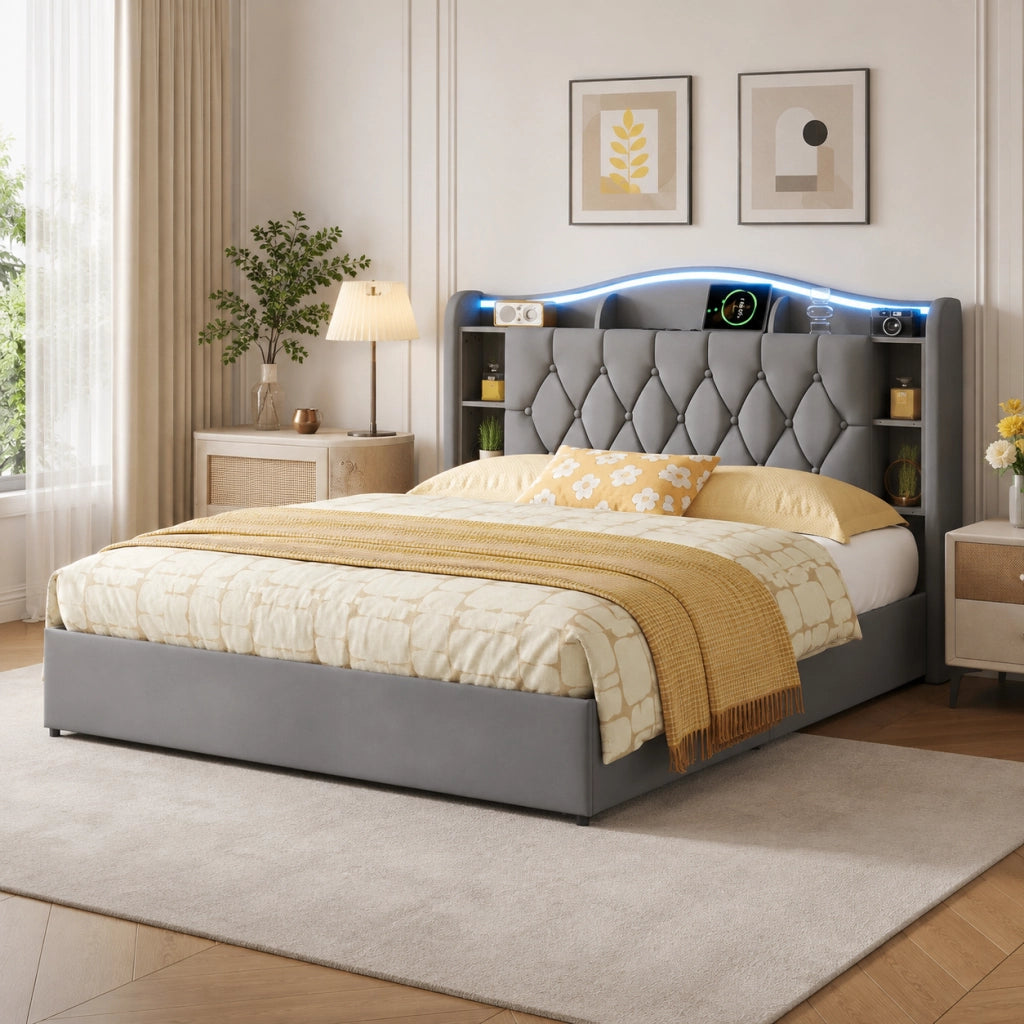 Letto matrimoniale con contenitore idraulico 140x200cm, testiera velluto grigio, luci LED RGB, ricarica USB‑wireless, scomparti porta‑oggetti
