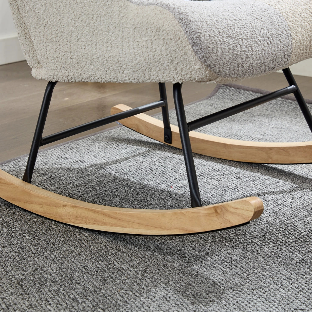 Poltrona a dondolo con poggiapiedi - imbottita e con schienale removibile - in tessuto - beige e blu - 122 × 68 × 91 cm