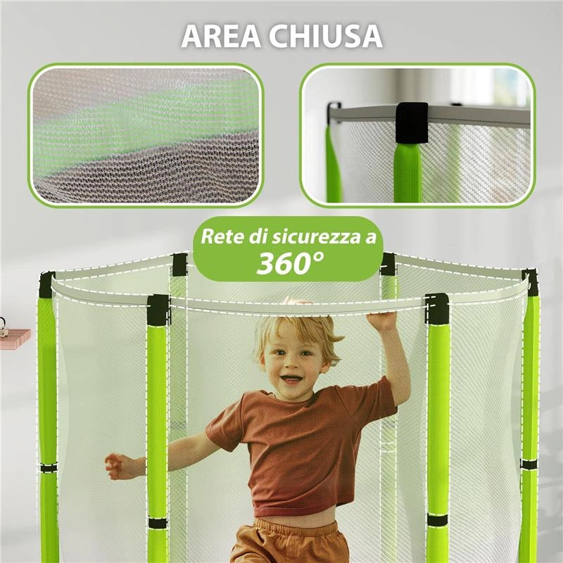 TRAMPOLINO ELASTICO PER BAMBINI Ï140 CM CON RETE DI SICUREZZA E DISEGNI, ETÓ 3-6 ANNI, VERDE